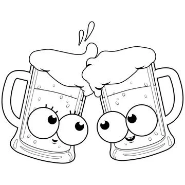 Cartoon beer characters toasting. Vector black and white coloring page Stock Illustration