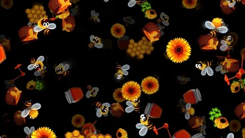 Cartoon Bees and Honey Elements Cascading Down a Black Background Stock Footage 329008496