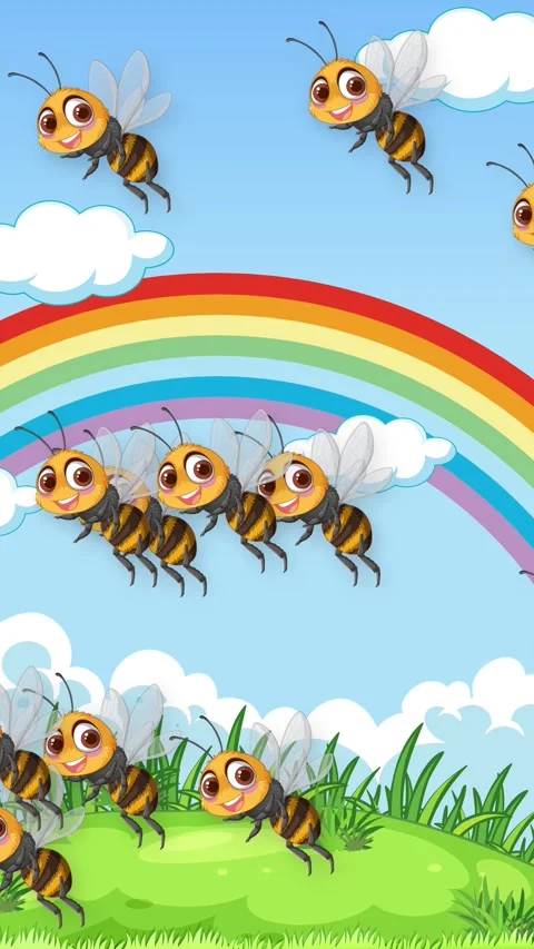 Cartoon Bees Flying Over Green Meadow With Rainbow Background Stock Footage 344834849