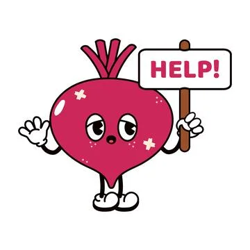 A cartoon beet character with a sad expression holds a sign that says Help . Stock Illustration