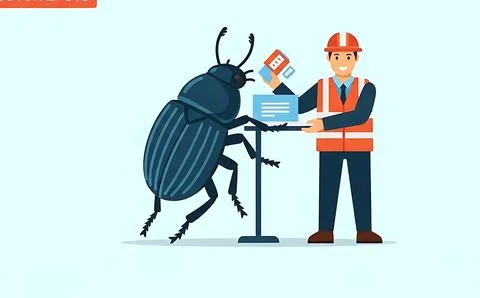 Cartoon beetle insect working alongside maintenance engineer using laptop c.. Illustrazione stock
