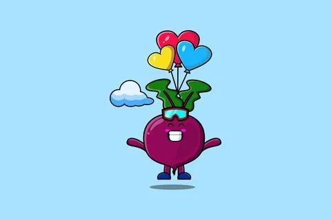 Cartoon Beetroot mascot is skydiving with balloon Illustration