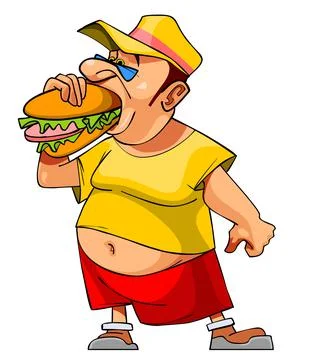 Cartoon bellied man eats a hamburger Stock Illustration