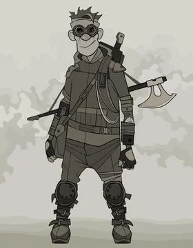 Cartoon benevolent man in post apocalyptic clothes armed with an ax Stock Illustration