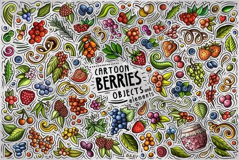 Cartoon Berry fruits objects and symbols doodle set 스톡 일러스트