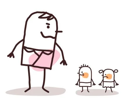 Cartoon big man abusing two small children Stock Illustration