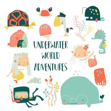 Cartoon big set of magic underwater world Stock Illustration