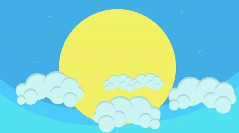 Cartoon Big Sun Behind Puffy Clouds Hovering in Blue Sky Stock Footage 64403647