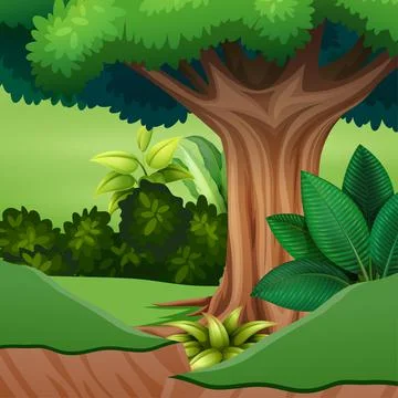 Cartoon of a big tree at the forest Stock Illustration