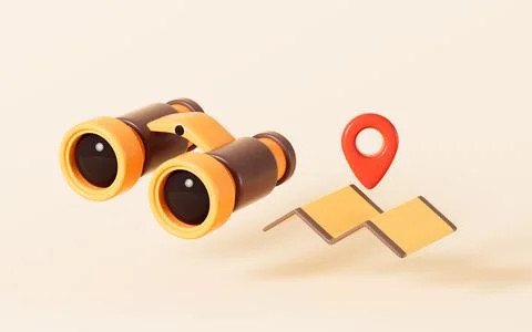 Cartoon binoculars and map, 3d rendering. Stockfoto's