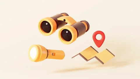 Cartoon binoculars, flashlight and map in the yellow background, 3d rendering Stock Footage 261257886