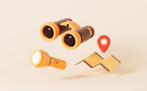 Cartoon binoculars, flashlight and map in the yellow background, 3d rendering Stockfoto's