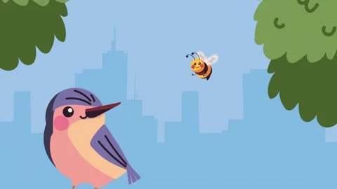 Cartoon bird and bee animation with urban city skyline background and green.. Stock Footage 334090892