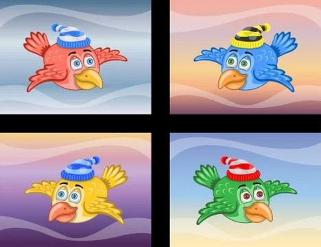 Cartoon Bird With Hat on Different Sky Colors Stock Illustration