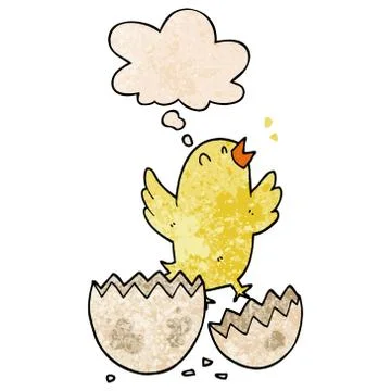 Cartoon bird hatching from egg and thought bubble in grunge texture pattern s Illustrazione stock