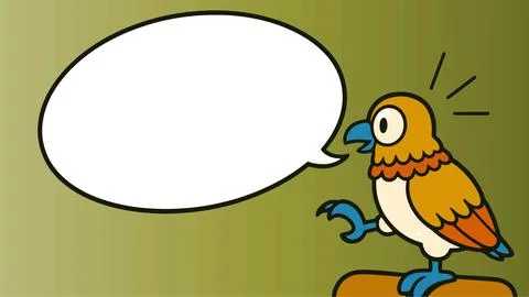 Cartoon Bird with Speech Bubble on Green Background for Communication. Illustrazione stock