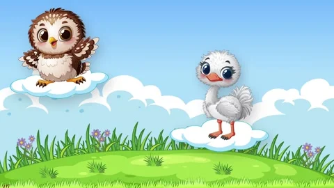 Cartoon Birds Floating on Clouds Over Green Grassy Hill Animation Stock Footage 345293922