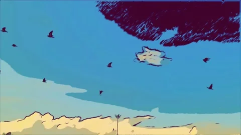 Cartoon birds flying in garden an illustration under colourful sky Stock Footage