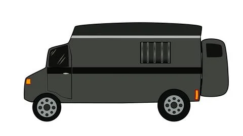 Cartoon black armored van side view windows bars headlights secure Stock Illustration