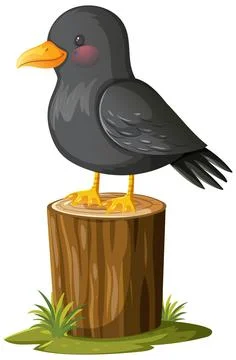 Cartoon Black Bird Perched on Tree Stump Stock Illustration