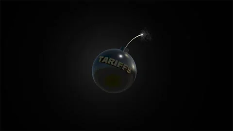 Cartoon black bomb with tariffs text explodes. Comes with the alpha Stock Footage 307604956