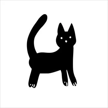 Cartoon black cat drawing. Simple and cute kitten silhouette, Halloween vecto Stock Illustration