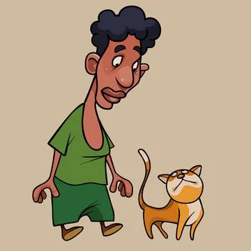 Cartoon black haired man looking with surprise at a ginger cat Stock Illustration