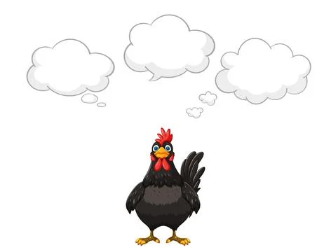 Cartoon Black Hen Thinking with Three Empty Speech Bubbles Illustrazione stock