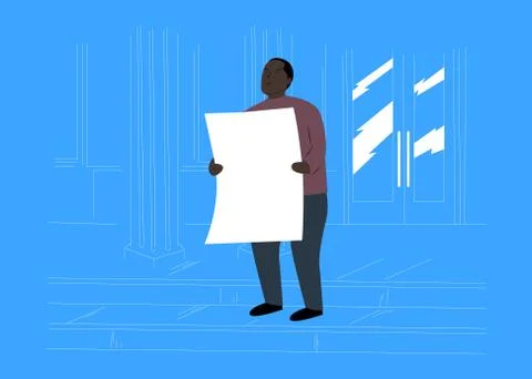 Cartoon Black man protesting with white cardboard. Protester standing in fron Stock Illustration