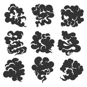 Cartoon Black Smoke Cloud Set. Vector Illustration. Stock Illustration