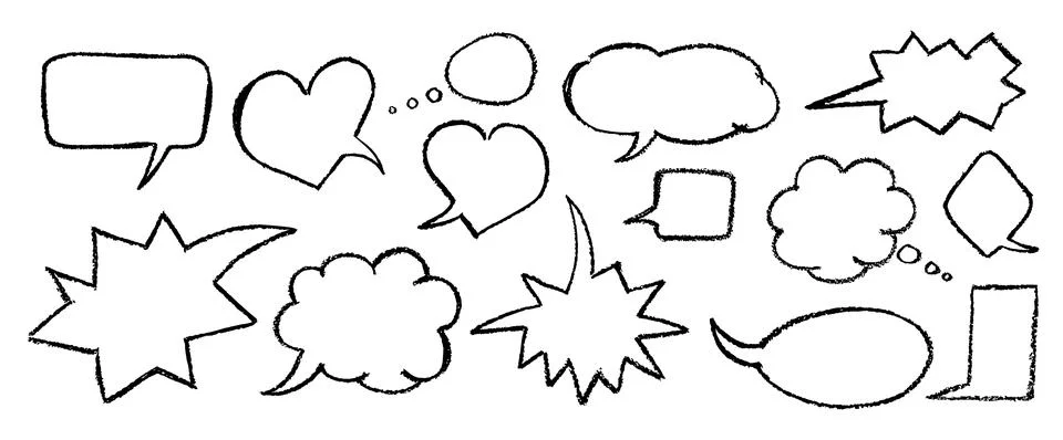 Cartoon black speech bubbles with rough crayon texture and graffiti style Ilustración de archivo