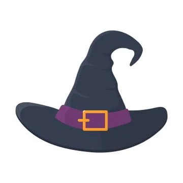 Cartoon black witch hat with buckle isolated on white background. Children ki Stock Illustration