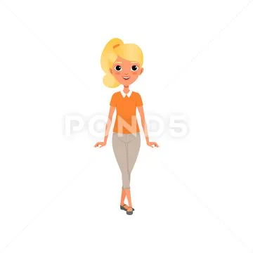 Cartoon blond girl with ponytail in orange t-shirt and beige breeches. Female Stock Illustration