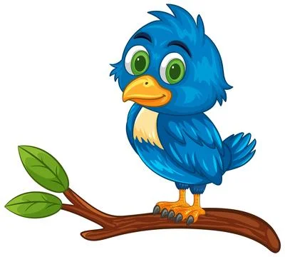 Cartoon Blue Bird Perched on Tree Branch Stock Illustration