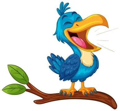 Cartoon Blue Bird Singing on Tree Branch Stock Illustration