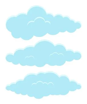 Cartoon blue clouds set on white background. Collection of smoke patterns and Stock Illustration
