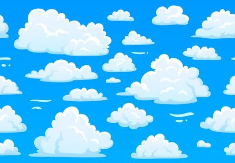 Cartoon blue cloudy sky. Horizontal seamless pattern with white fluffy clou.. Stock Illustration