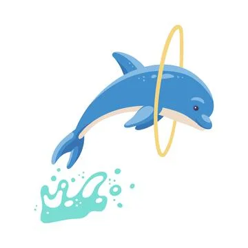 Cartoon blue dolphin jumps through the ring a vector isolated illustration Stock Illustration