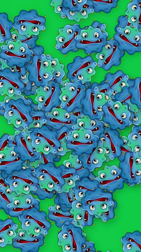 Cartoon Blue Germ Characters Falling Against a Green Screen Background Stock Footage 341642683