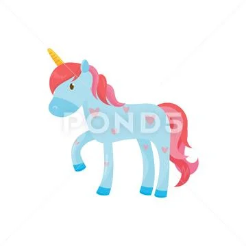 Cartoon blue Pegasus or unicorn. Magical one-horned animal with pink mane and Stock Illustration
