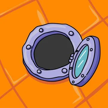 A cartoon blue round opened window on an orange background. Cute doodle window Stock Illustration