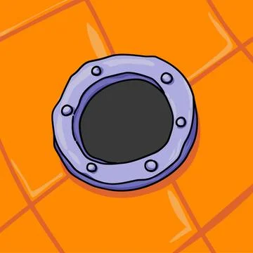 A cartoon blue round window on an orange background. Cute doodle window Stock Illustration