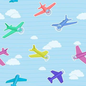 Cartoon blue seamless vector pattern with colorful airplanes Stock Illustration