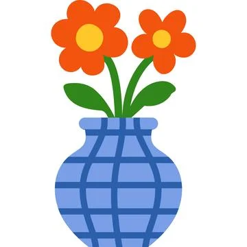 Cartoon blue vase with checkered pattern and orange flowers flat floral ill.. Stock Illustration