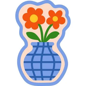 Cartoon blue vase with checkered pattern and orange flowers in frame flat f.. Stock Illustration