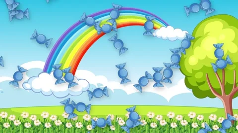 Cartoon Blue Wrapped Candies Falling Over Rainbow and Meadow Background Stock Footage 339754117