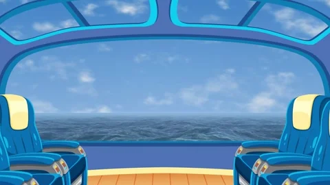 Cartoon Boat Interior Overlooking Open Ocean and Clear Sky 库存影片 345705237