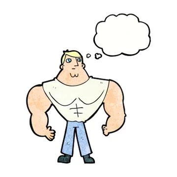 Cartoon body builder with thought bubble Stock Illustration
