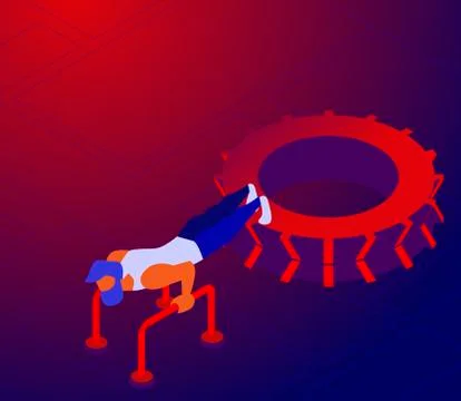 Cartoon bodybuilder practicing pushups exercise on tyre Stock Illustration