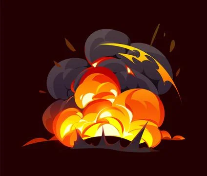 Cartoon bomb explosion red cloud with orange fire Stock Illustration